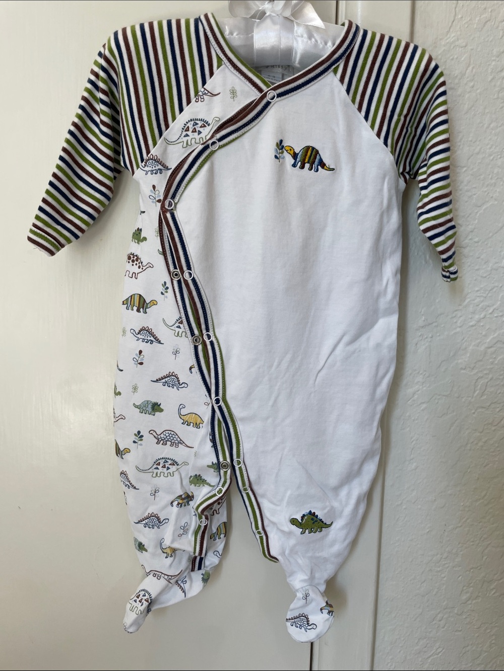 Kissy Kissy White One-Piece with Green and Navy Stripes and Dinosaur Motifs